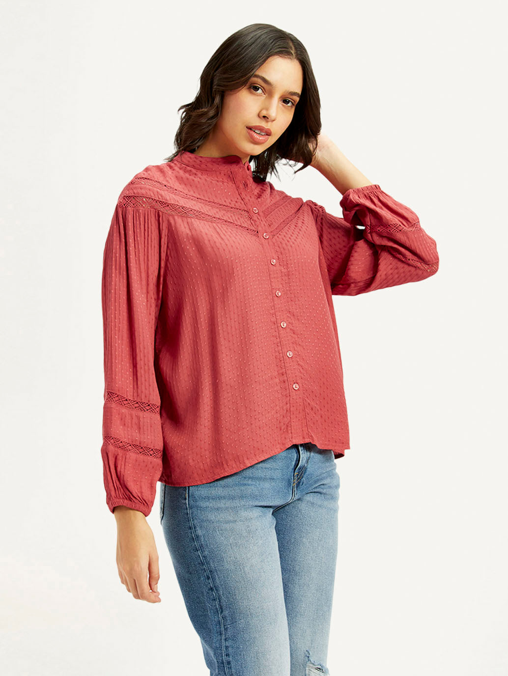 Women's Self Design Red Mandarin Collar Top