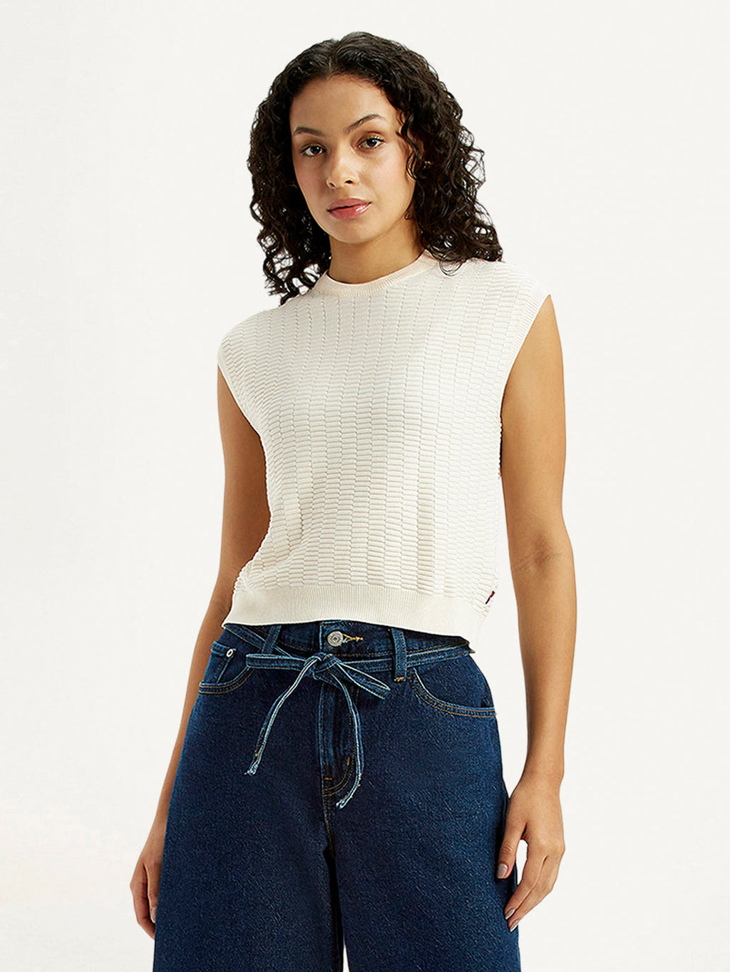 Women's Self Design Off White Crew Neck Top