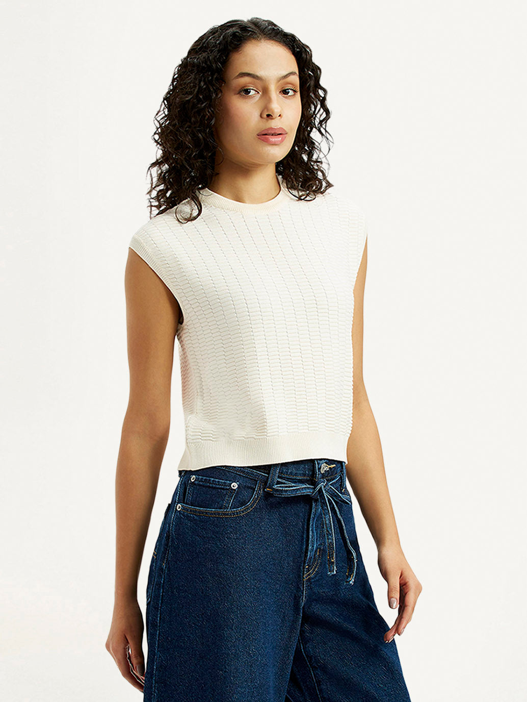 Women's Self Design Off White Crew Neck Top