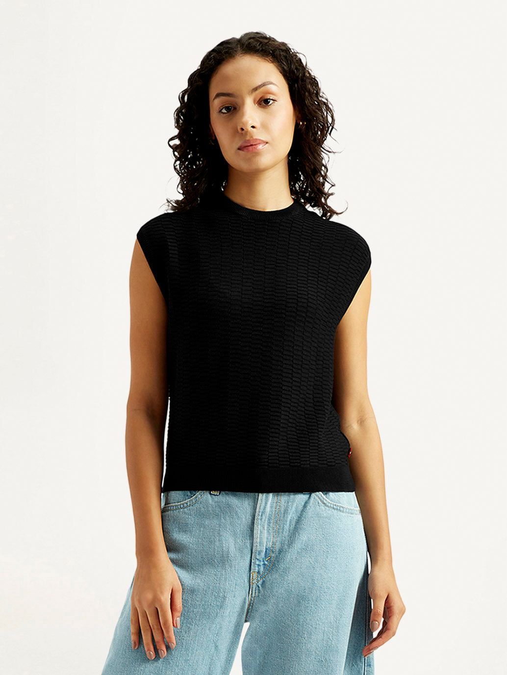 Women's Textured Black Crew Neck Top