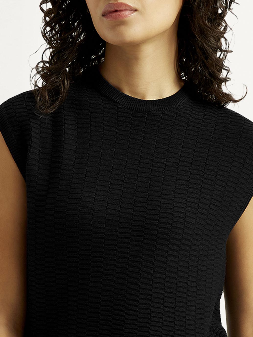 Women's Textured Black Crew Neck Top