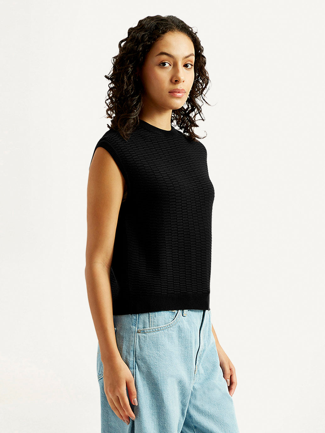 Women's Textured Black Crew Neck Top