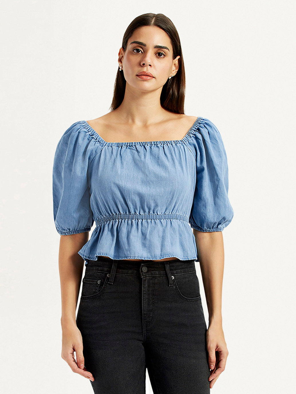 Women's Solid Blue Square Neck Top