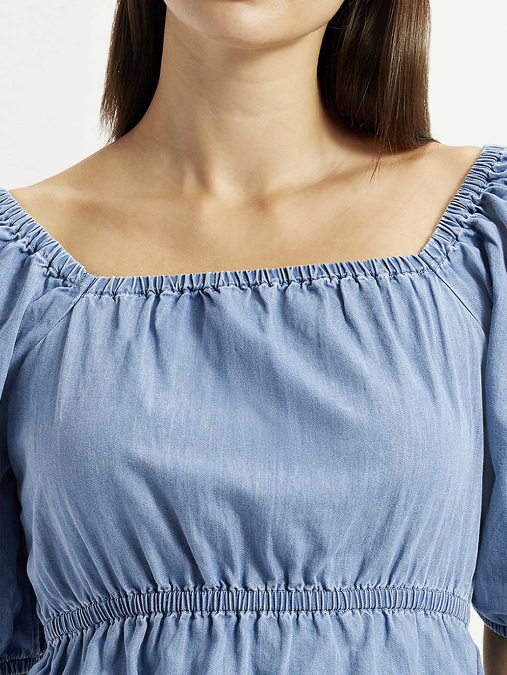 Women's Solid Blue Square Neck Top