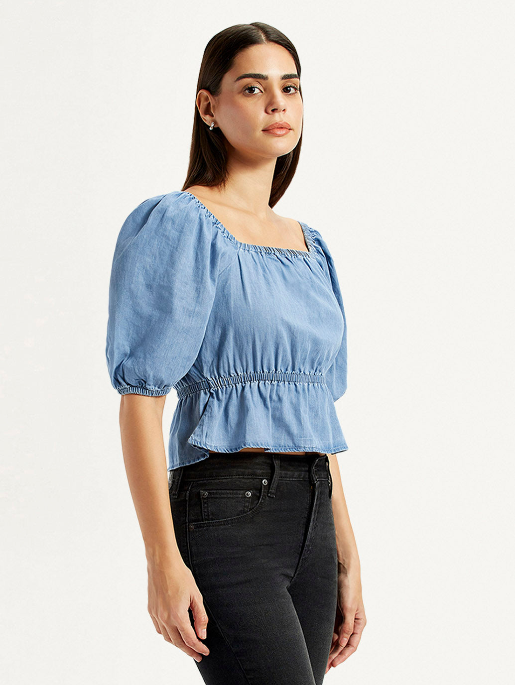 Women's Solid Blue Square Neck Top