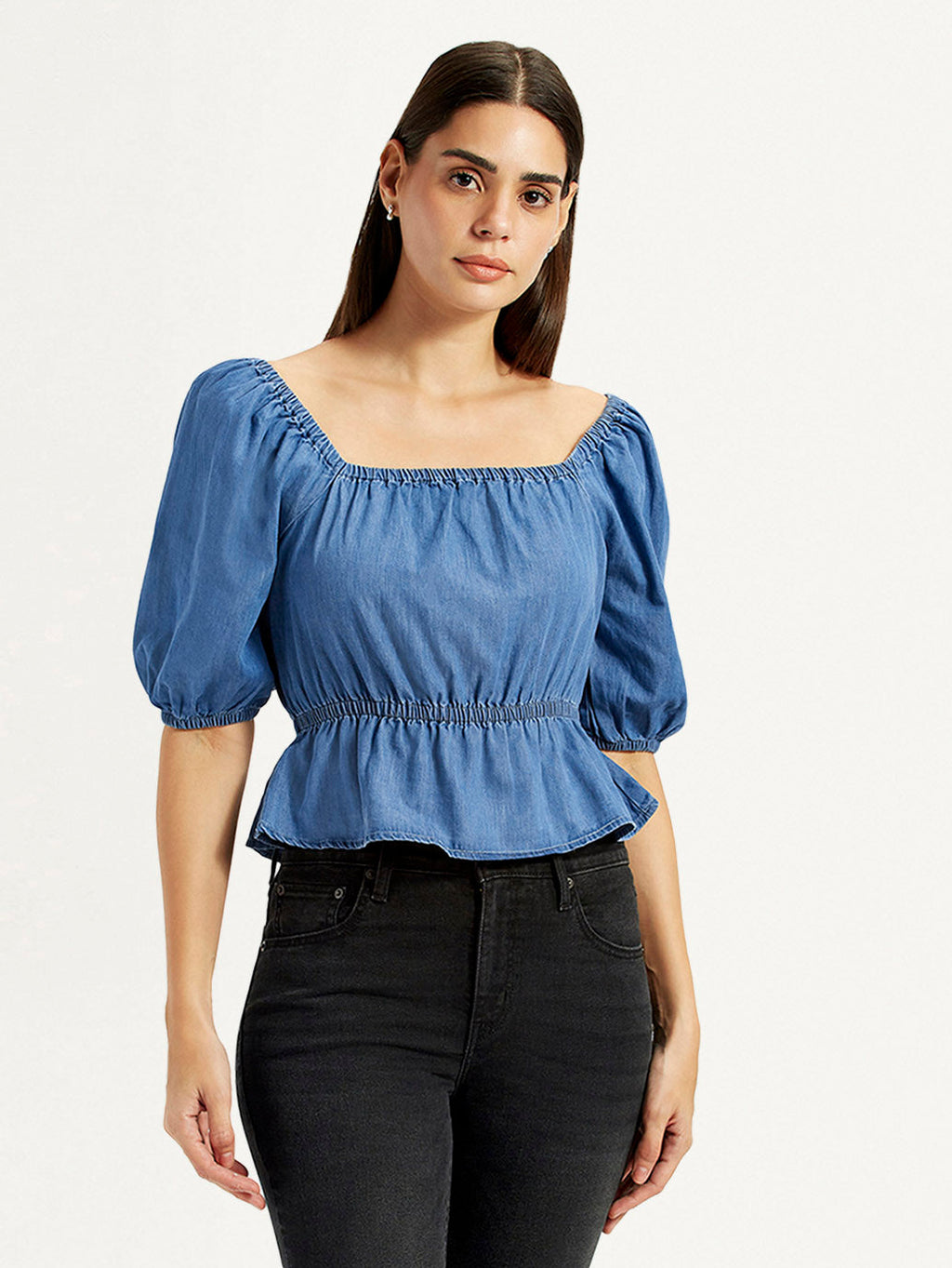 Women's Solid Dark Blue Square Neck Top