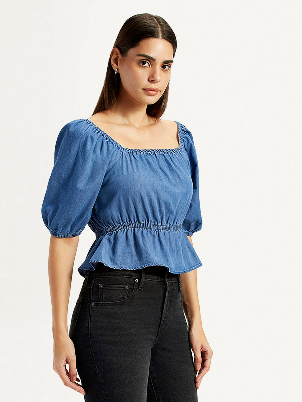 Women's Solid Dark Blue Square Neck Top