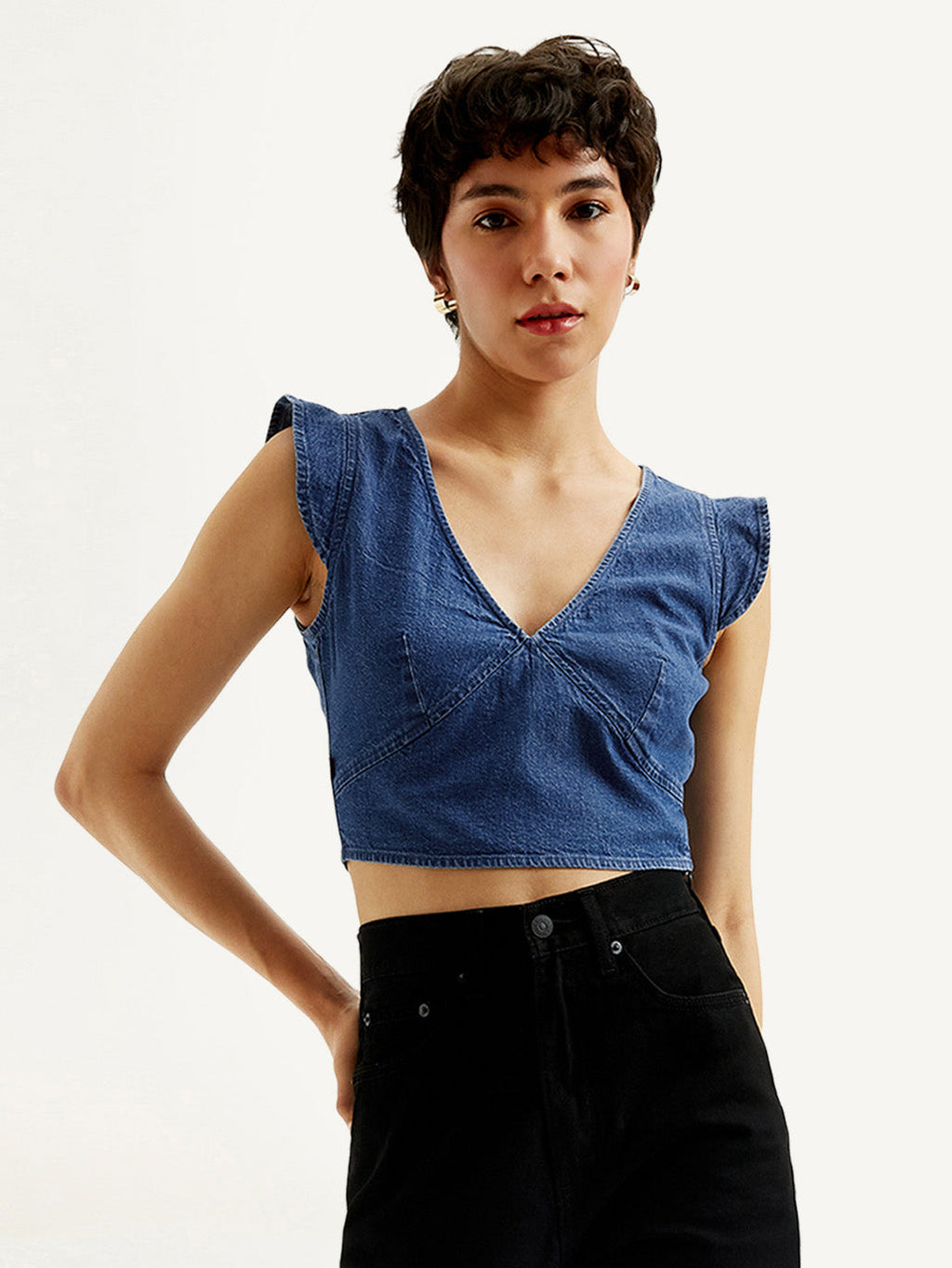 Women's Solid Blue V-Neck Denim Crop Top