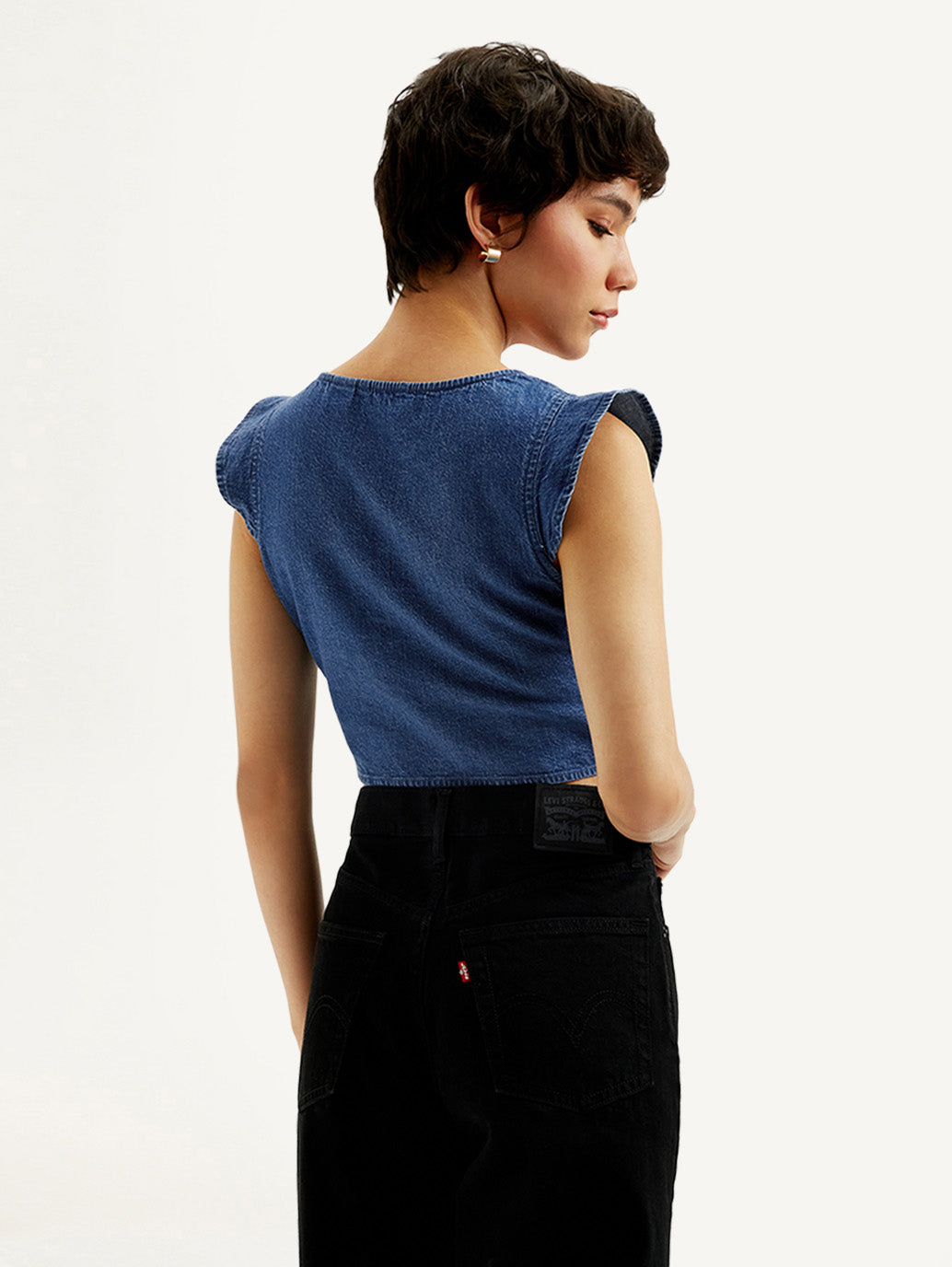Women's Solid Blue V-Neck Denim Crop Top