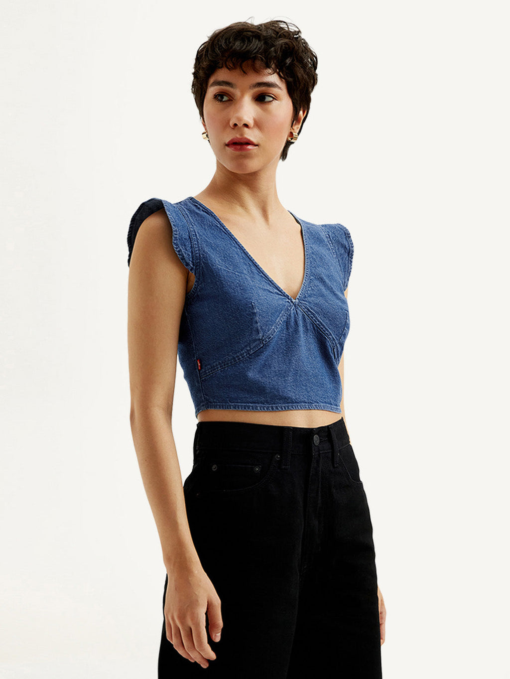 Women's Solid Blue V-Neck Denim Crop Top