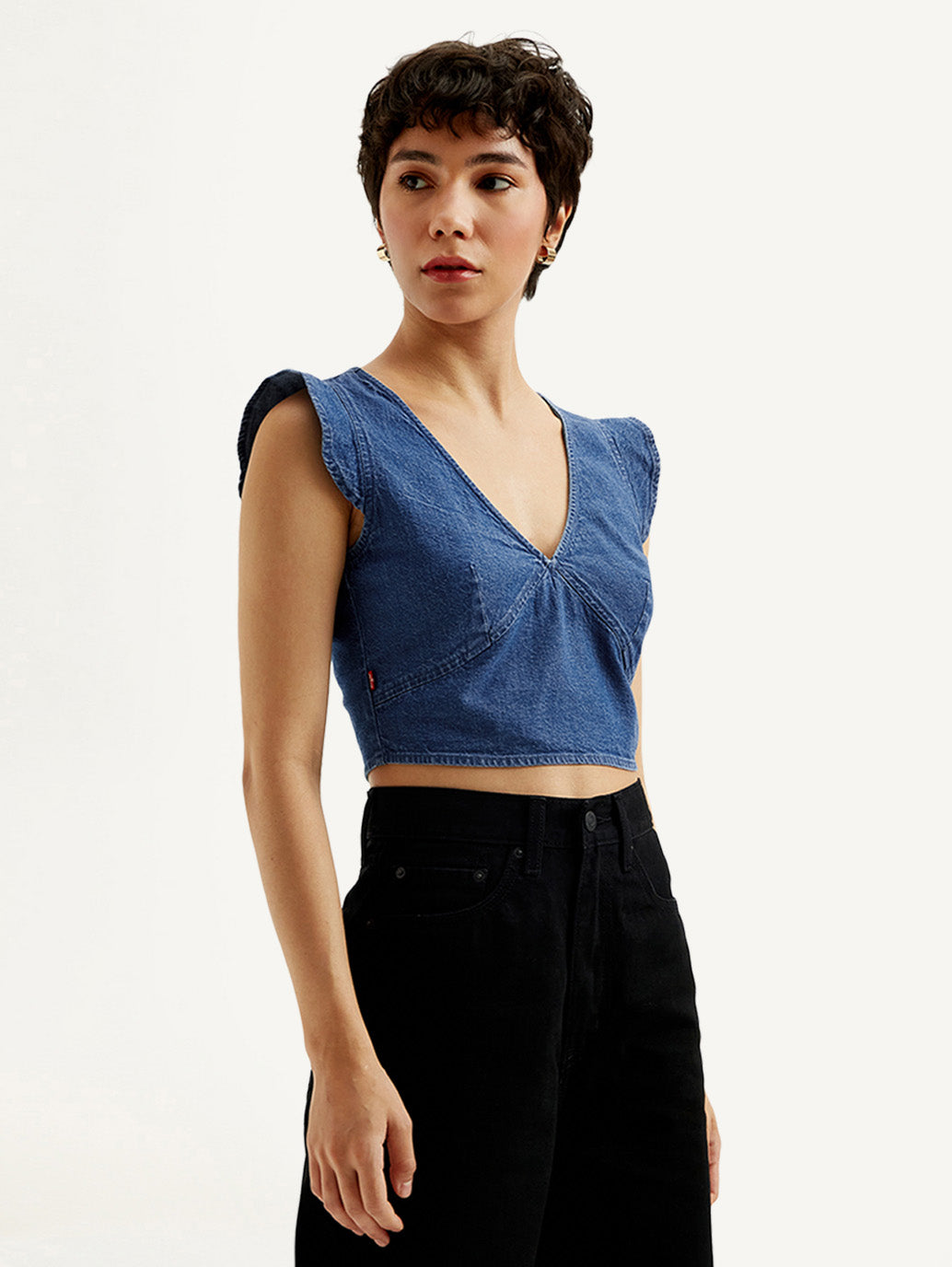 Women's Solid Blue V-Neck Denim Crop Top
