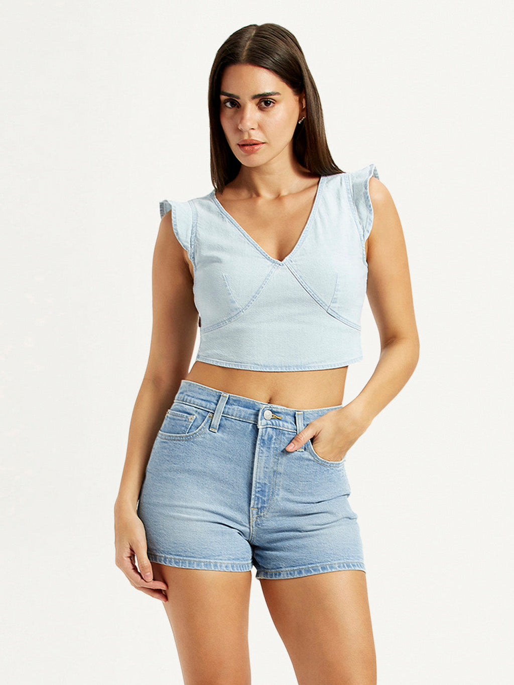 Women's Solid Light-Blue V-Neck Top