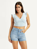Women's Solid Light-Blue V-Neck Top