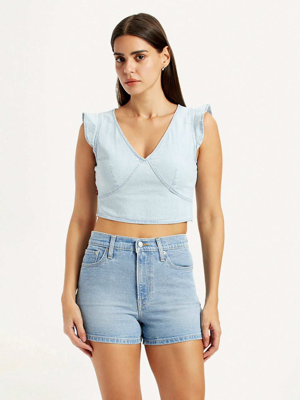Women's Solid Light-Blue V-Neck Top