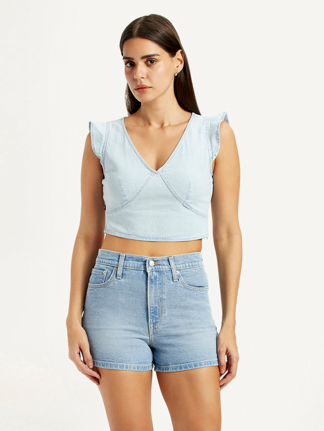 Women's Solid Light-Blue V-Neck Top