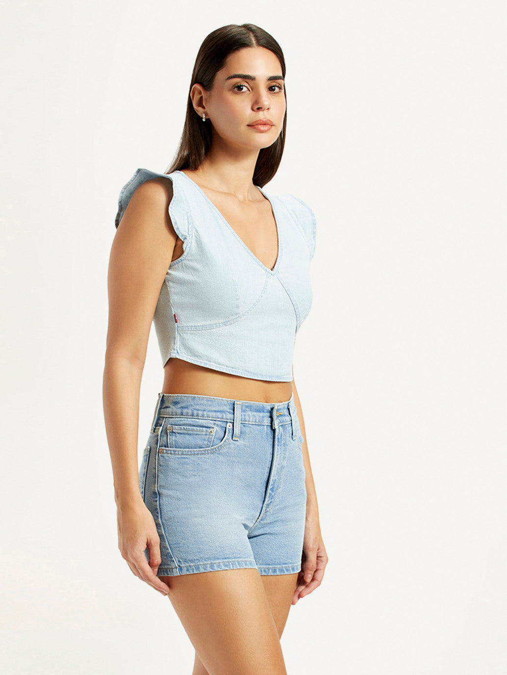 Women's Solid Light-Blue V-Neck Top