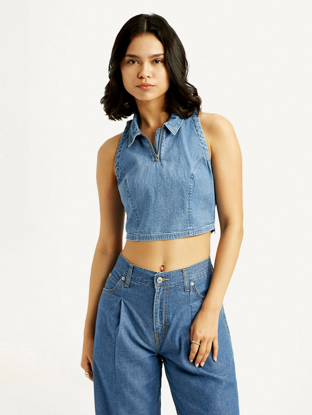 Women's Solid Blue Polo Collar Denim Crop Top