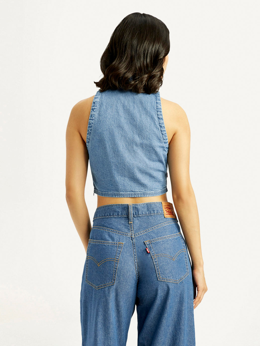 Women's Solid Blue Polo Collar Denim Crop Top