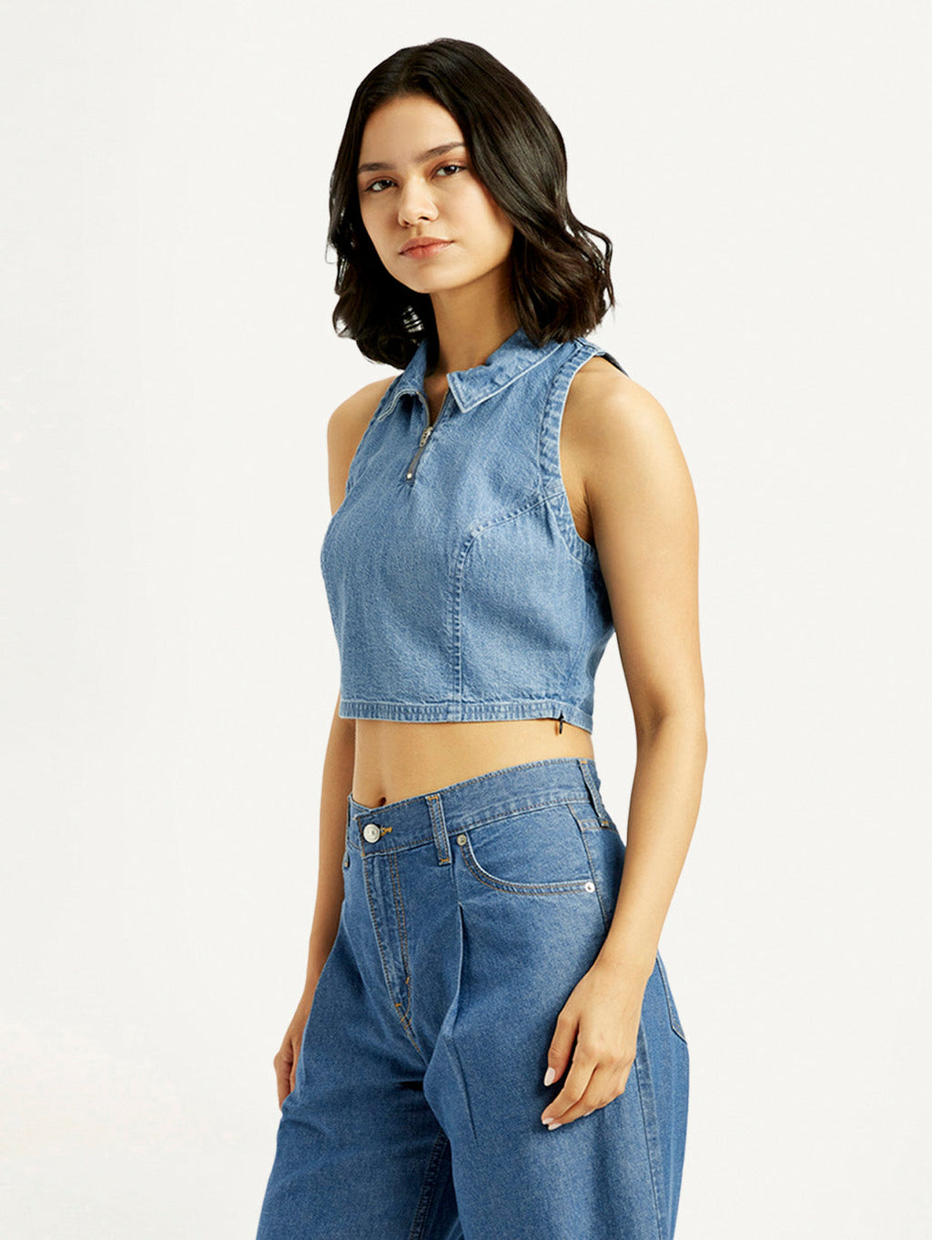 Women's Solid Blue Polo Collar Denim Crop Top