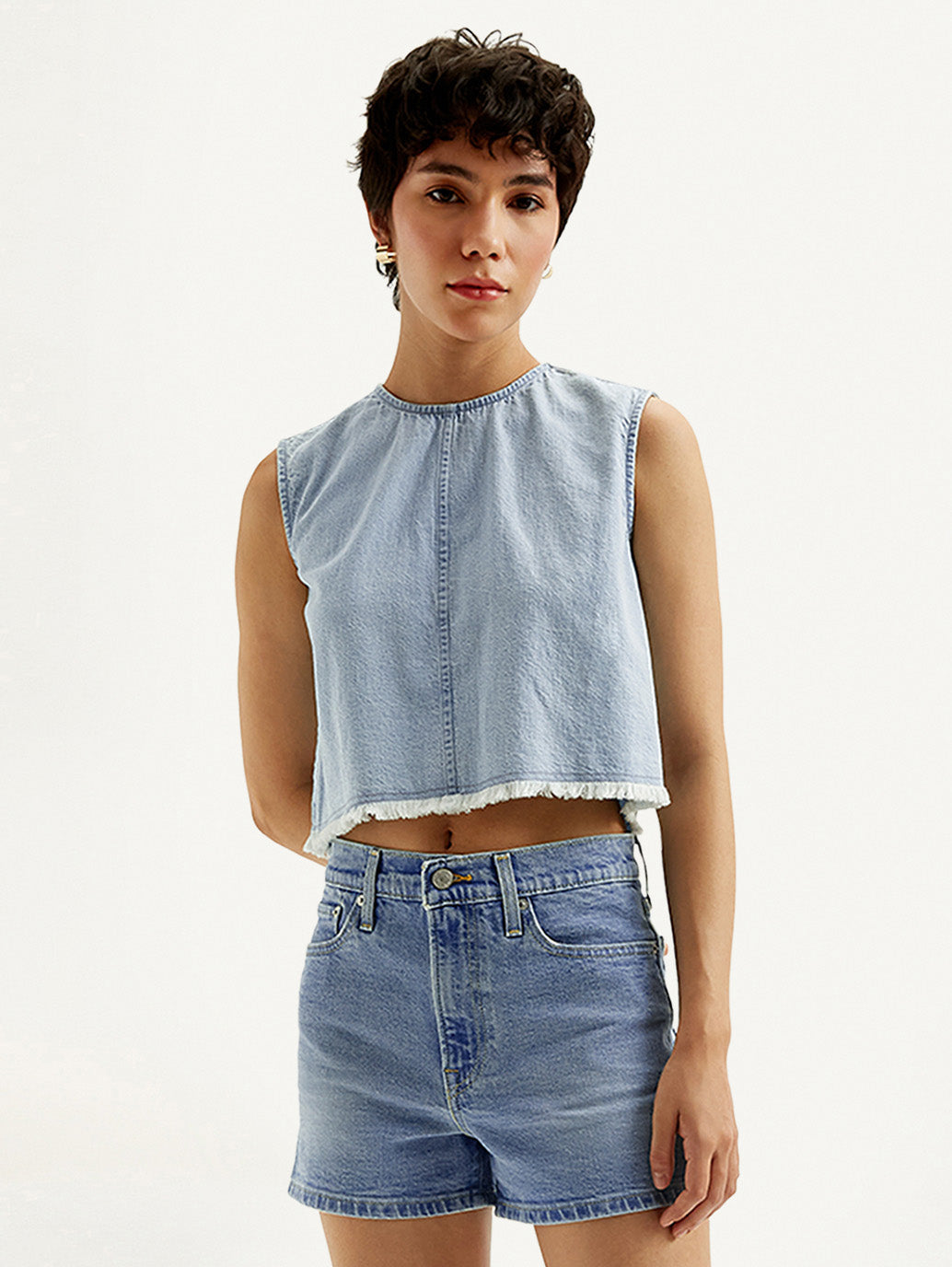 Women's Solid Light Blue Round Neck Denim Crop Top