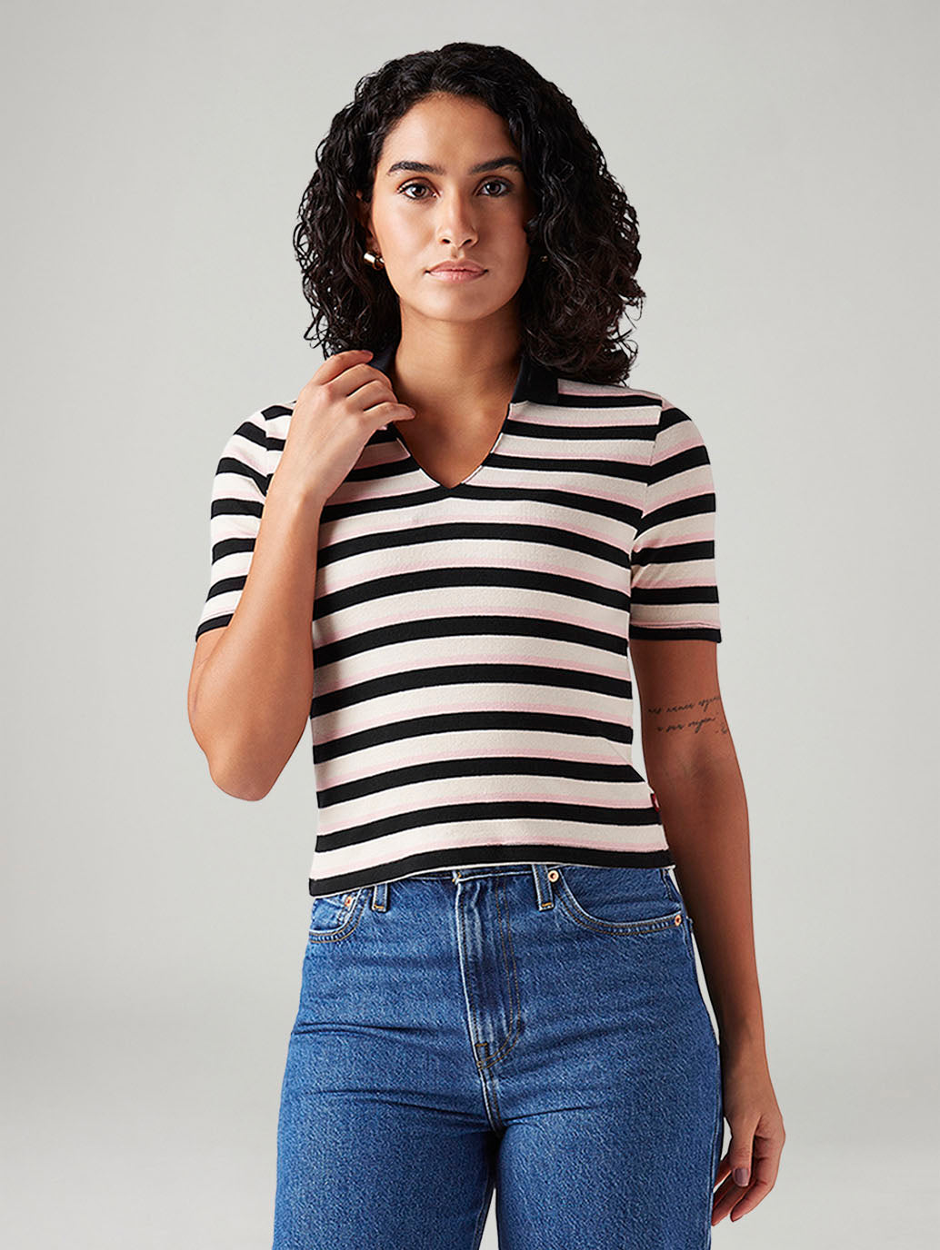 Women's Striped White Slim Fit Polo T-shirt
