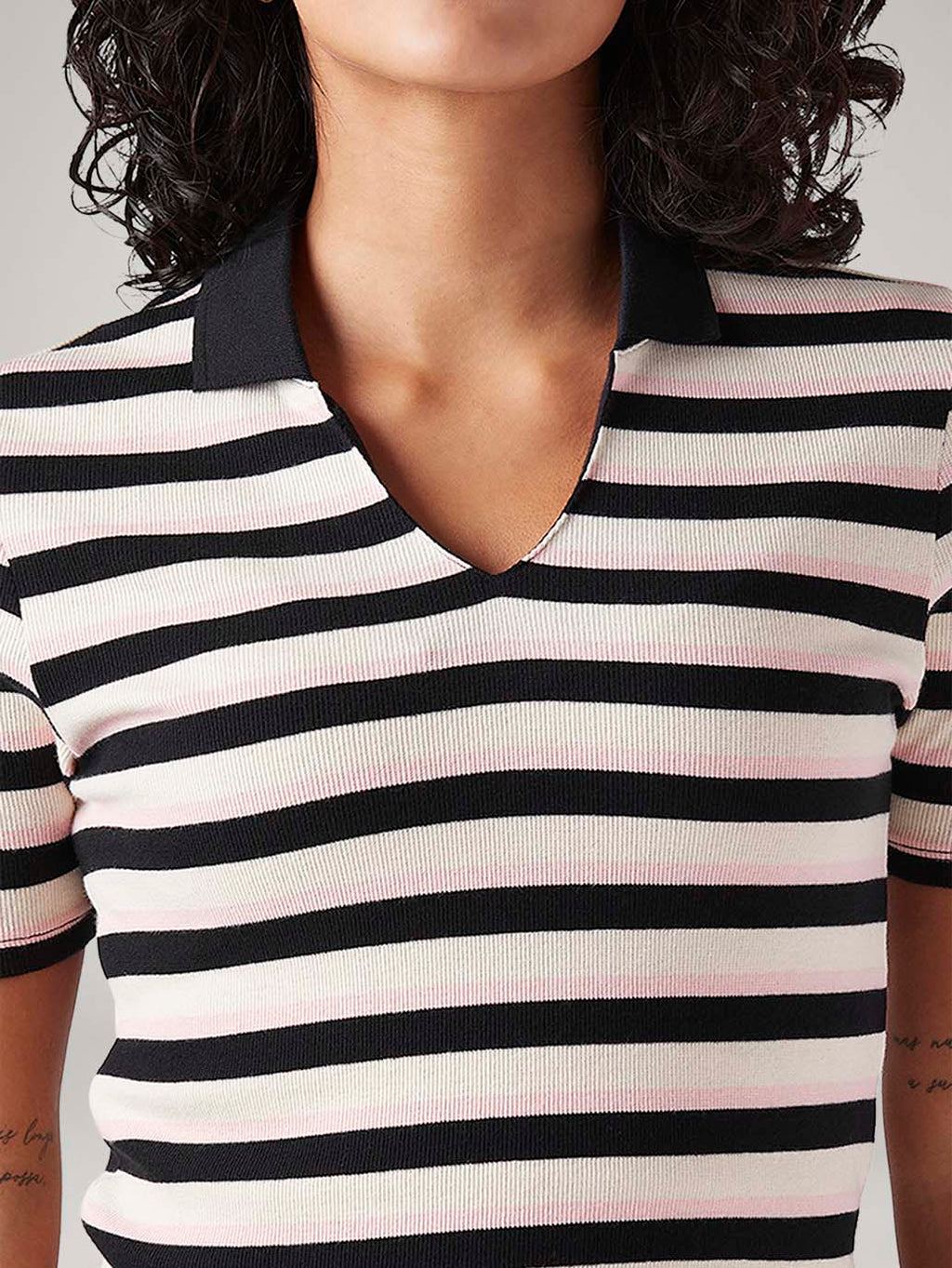 Women's Striped White Slim Fit Polo T-shirt