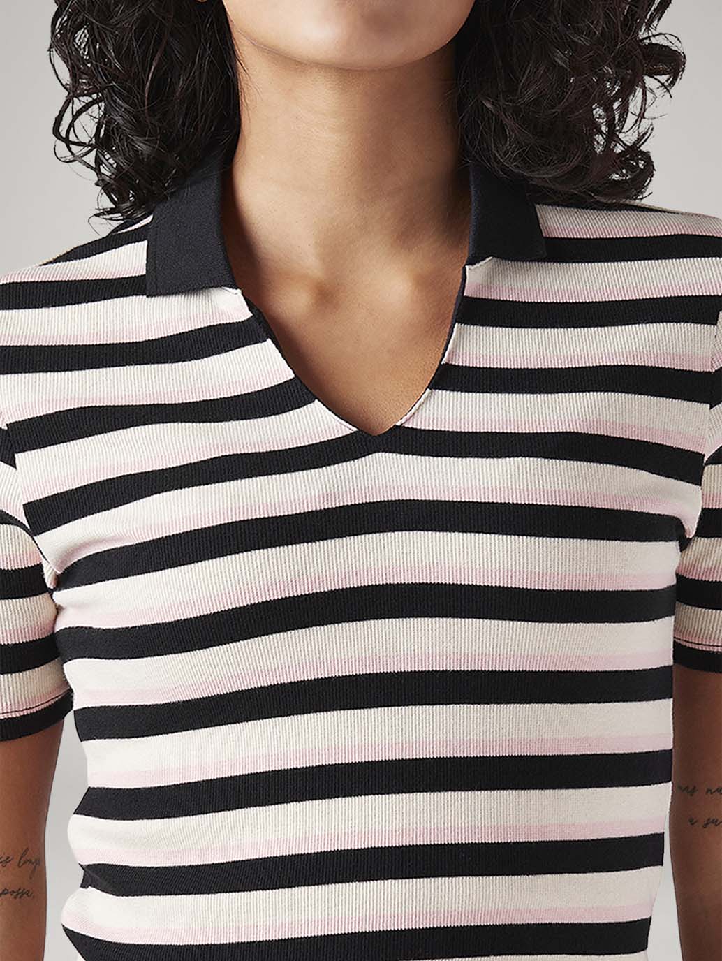 Women's Striped White Slim Fit Polo T-shirt