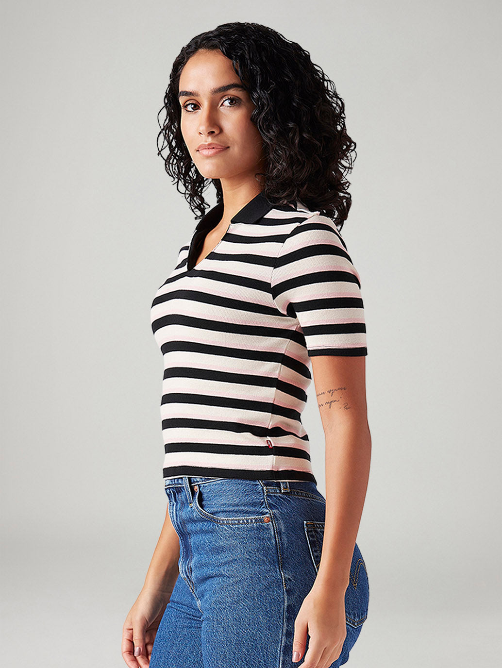 Women's Striped White Slim Fit Polo T-shirt