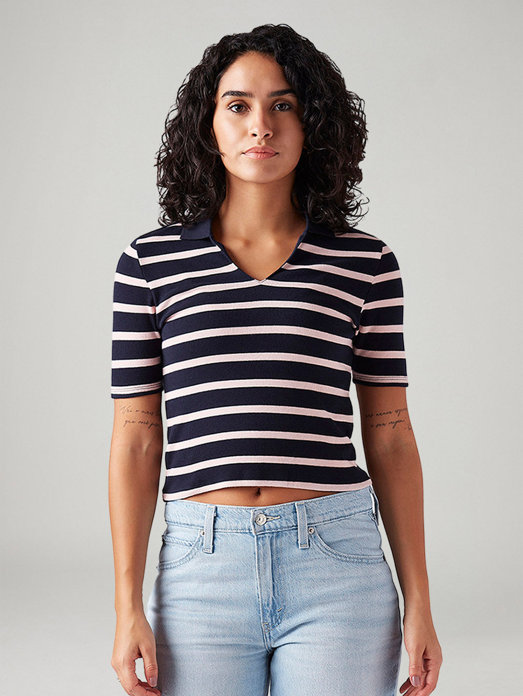 Women's Striped Navy Slim Fit Polo T-shirt