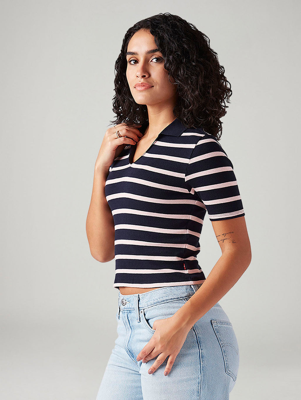 Women's Striped Navy Slim Fit Polo T-shirt