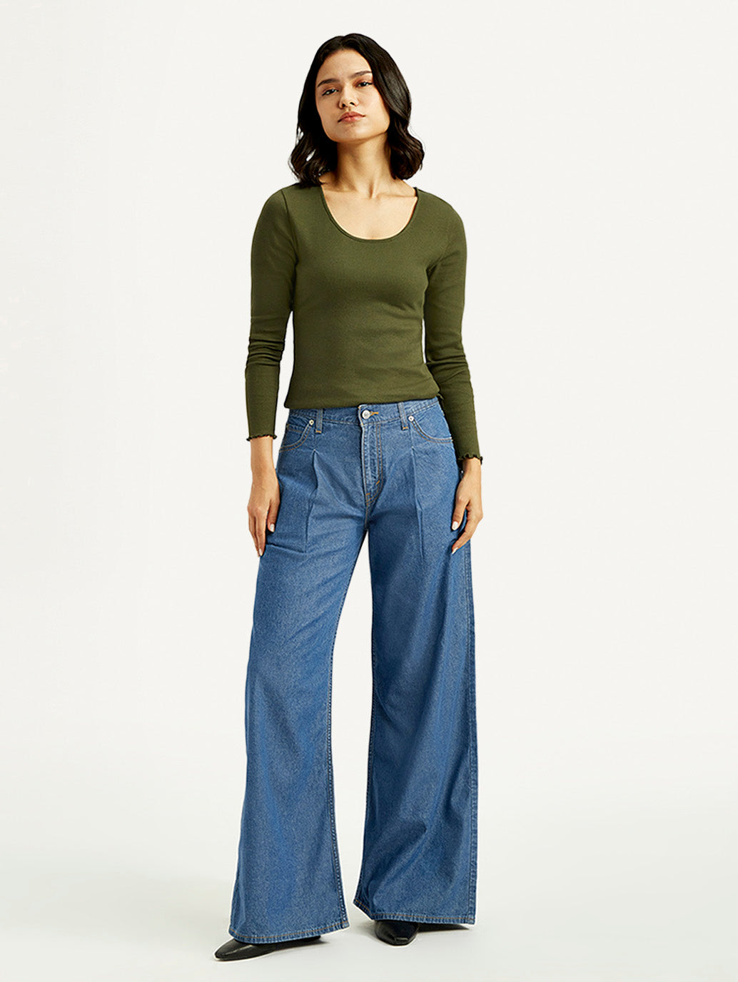 Women's Mid Indigo Baggy Fit High Rise Jeans
