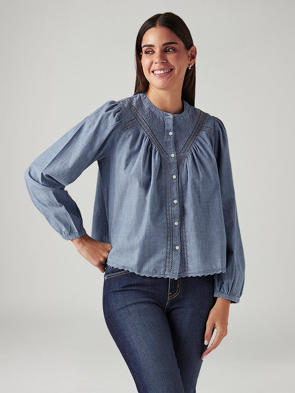 Women's Embroidered Blue Band Neck Top