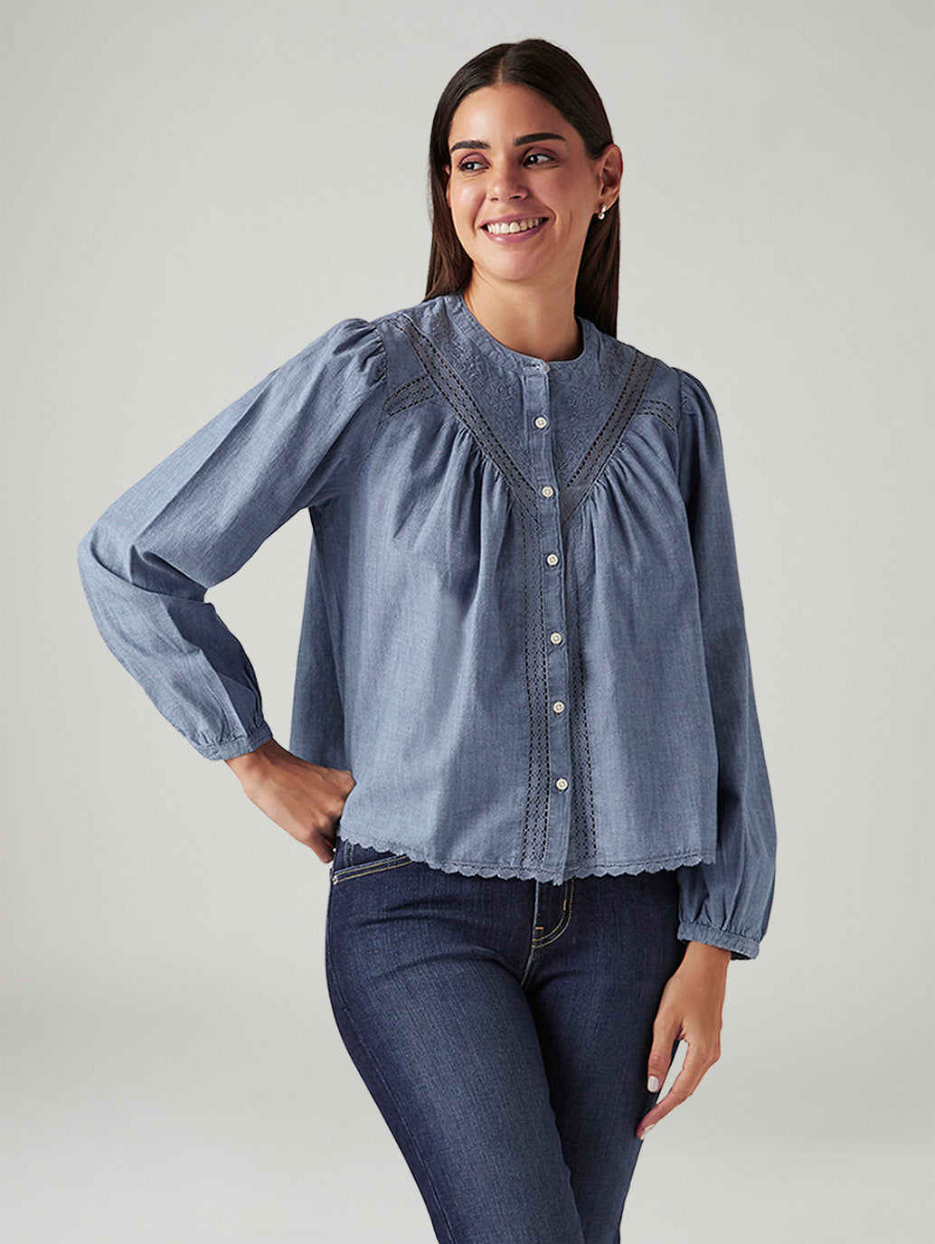 Women's Embroidered Blue Band Neck Top