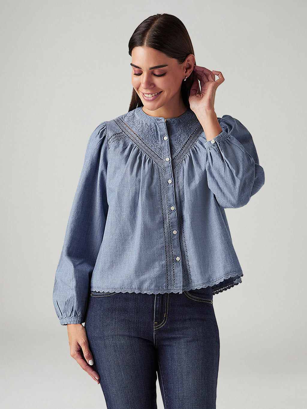 Women's Embroidered Blue Band Neck Top