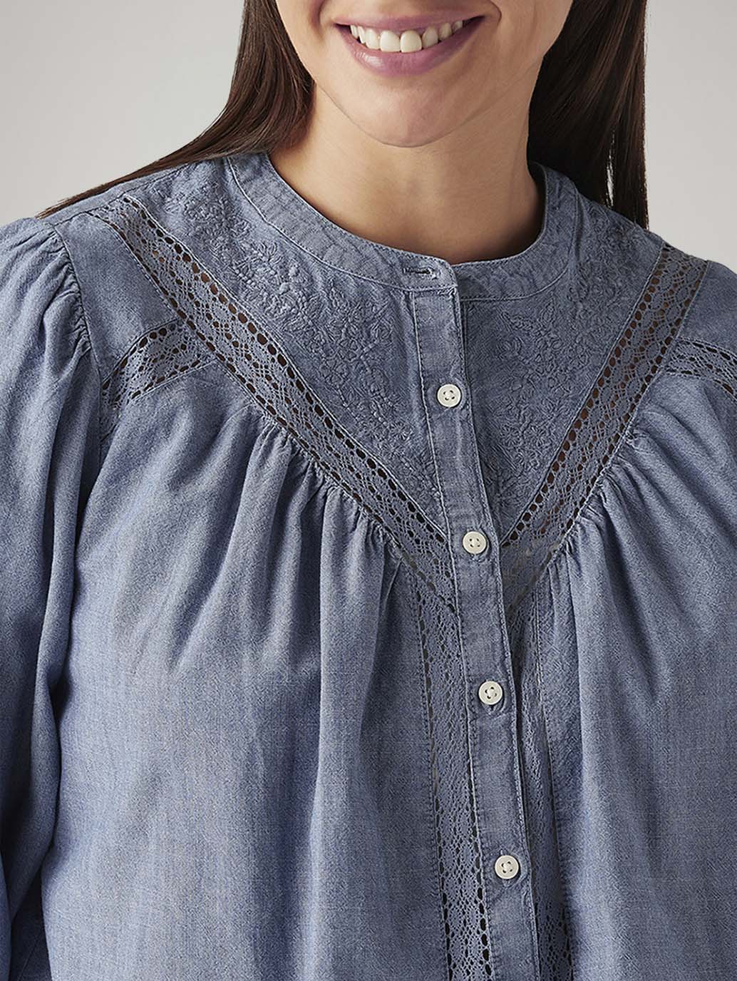 Women's Embroidered Blue Band Neck Top