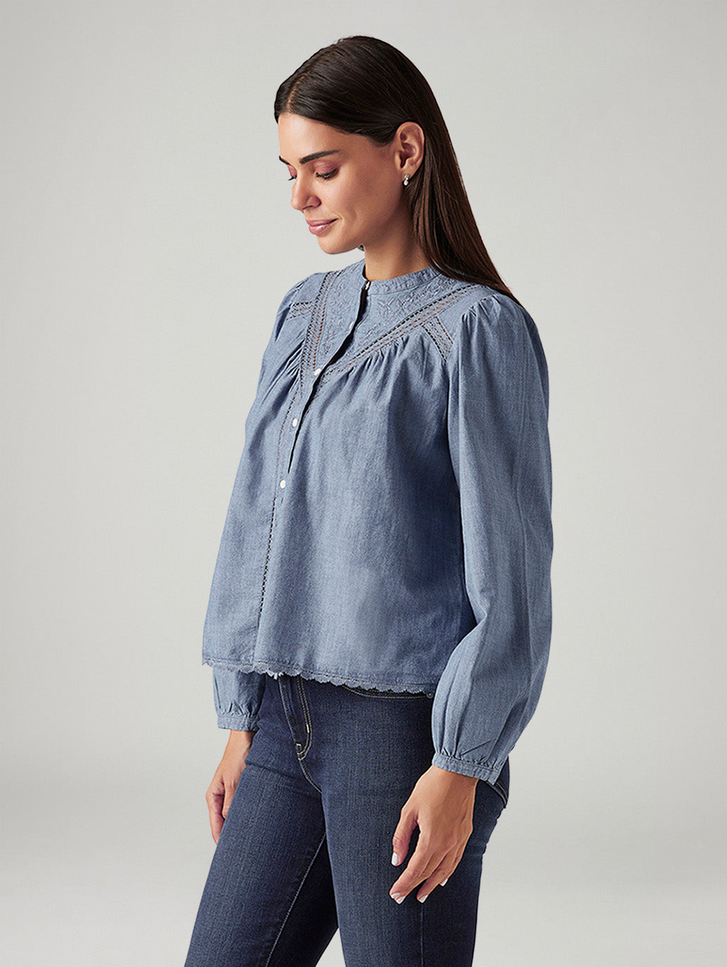 Women's Embroidered Blue Band Neck Top