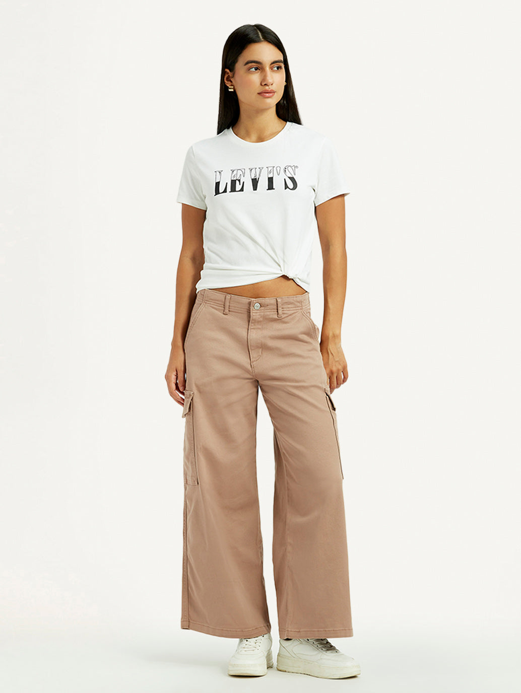 Women's Beige Regular Fit High Rise Cargo Trousers