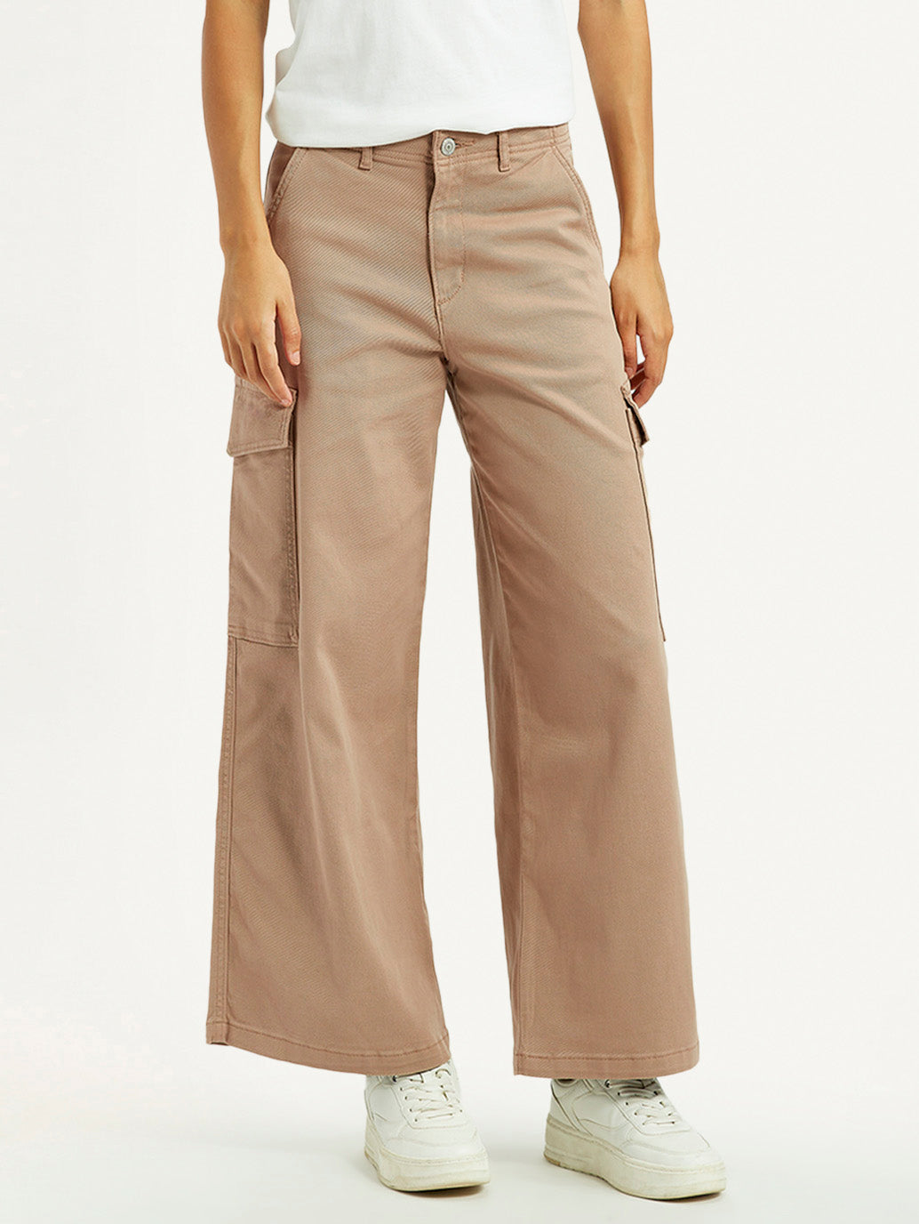 Women's Beige Regular Fit High Rise Cargo Trousers