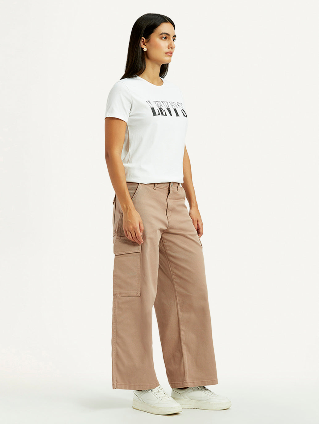 Women's Beige Regular Fit High Rise Cargo Trousers