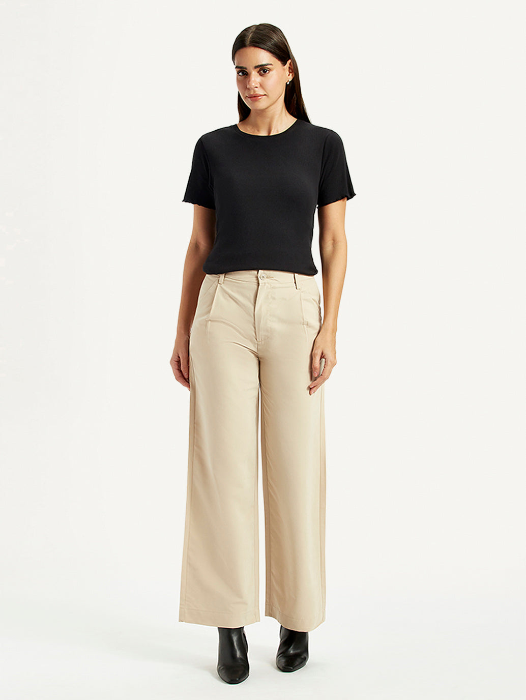 Women's Beige Wide Leg Fit High Rise Trousers