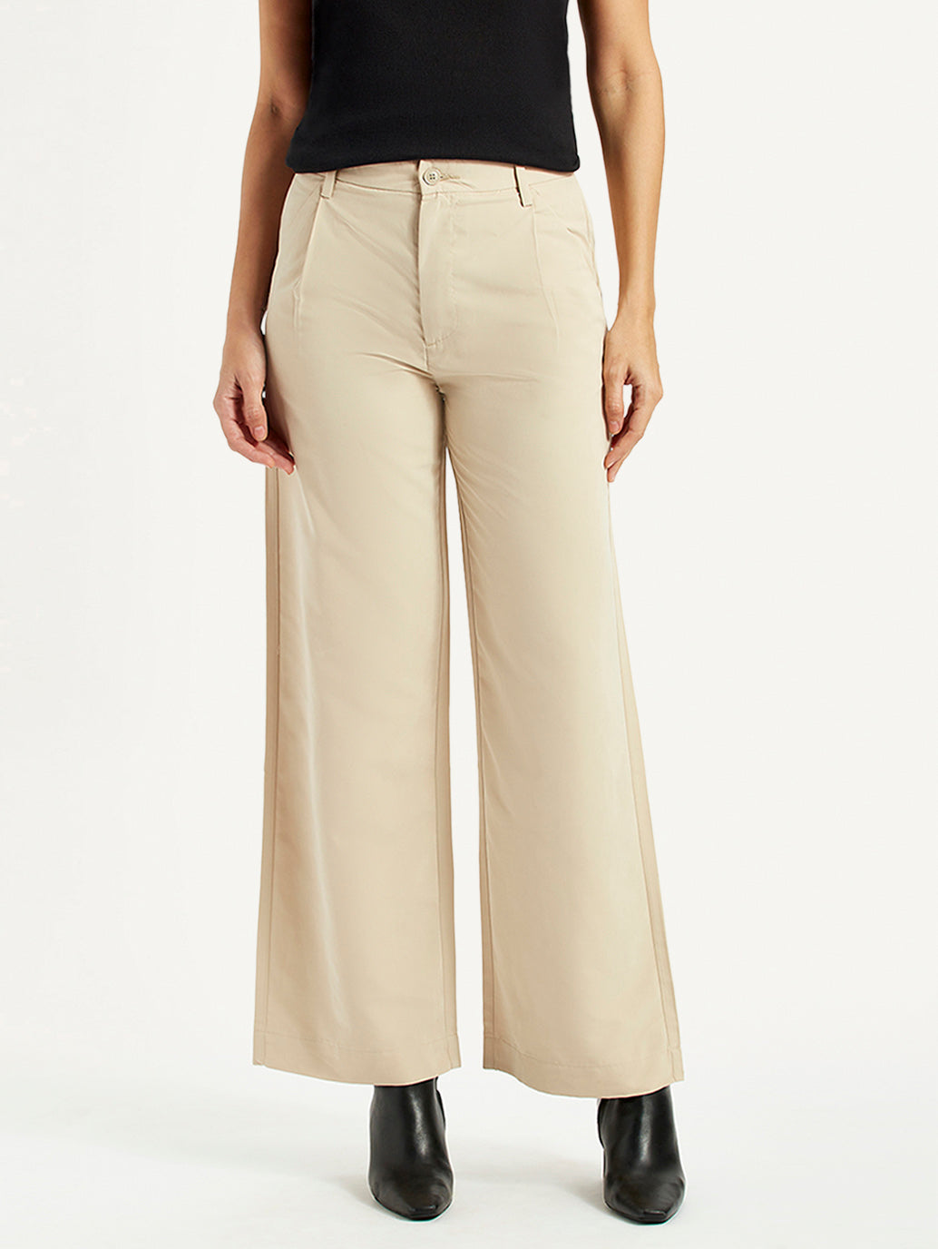 Women's Beige Wide Leg Fit High Rise Trousers