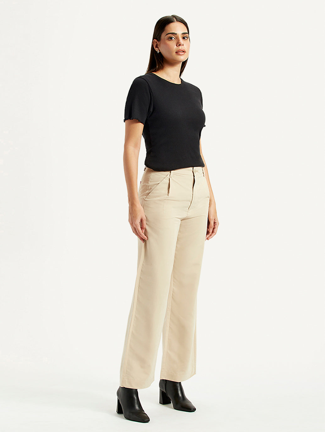 Women's Beige Wide Leg Fit High Rise Trousers