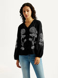 Women's Floral Black V-Neck Top
