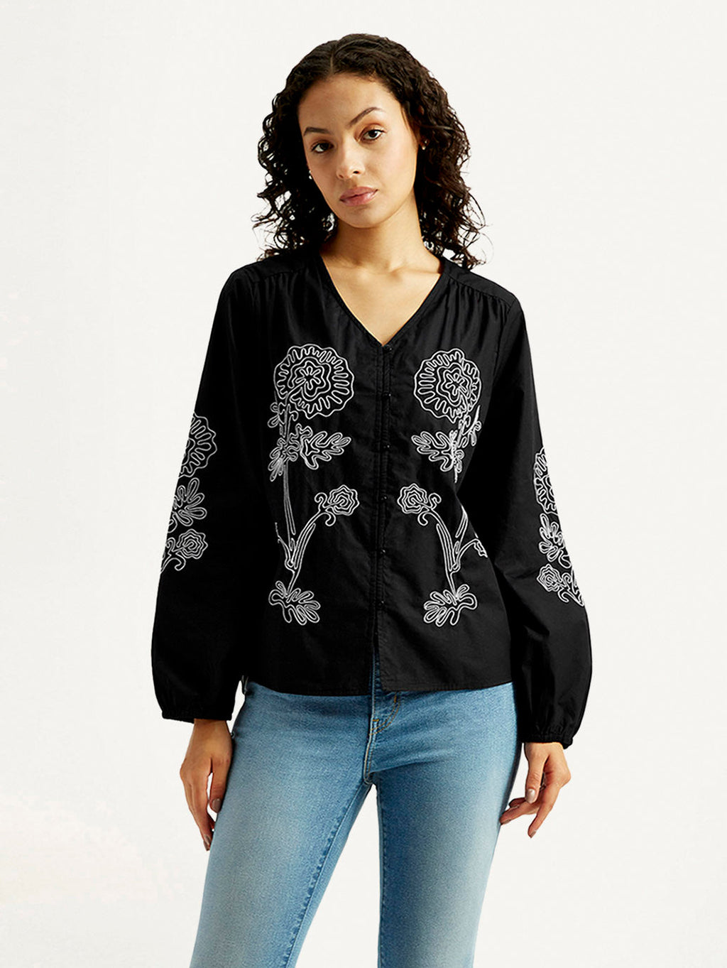 Women's Floral Black V-Neck Top