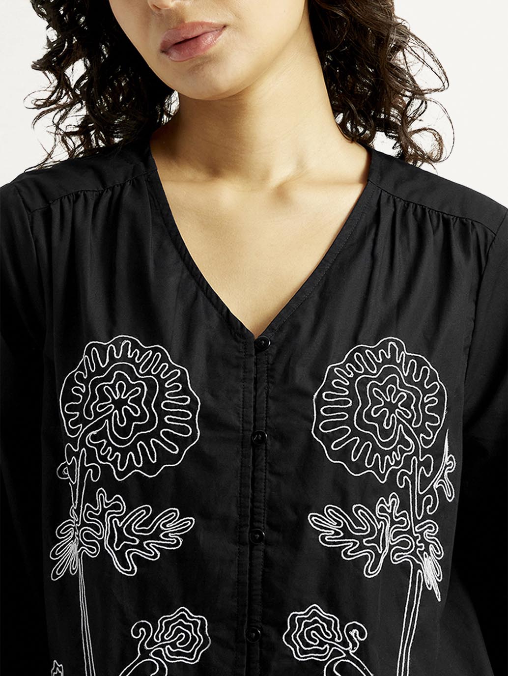 Women's Floral Black V-Neck Top