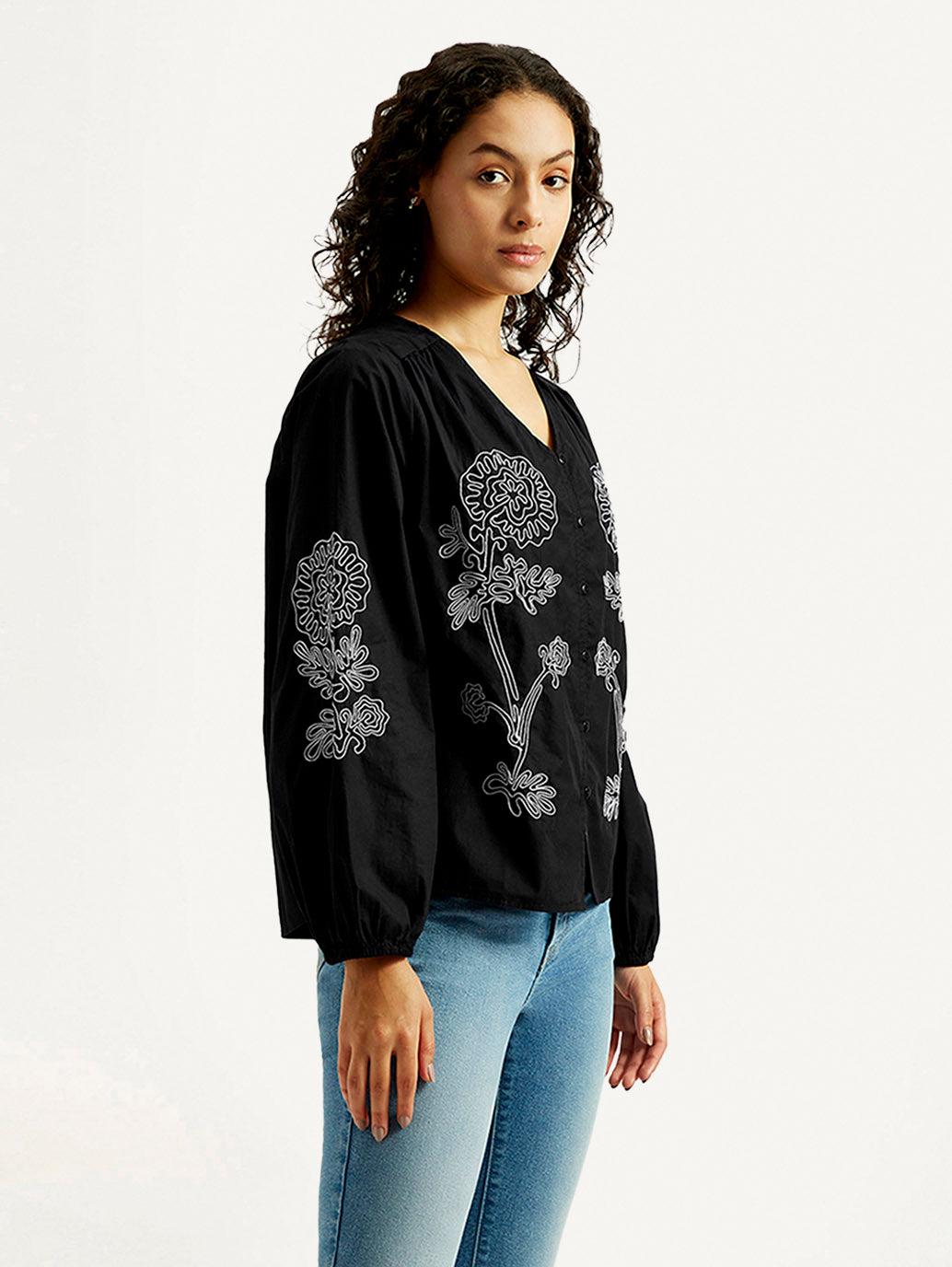 Women's Floral Black V-Neck Top