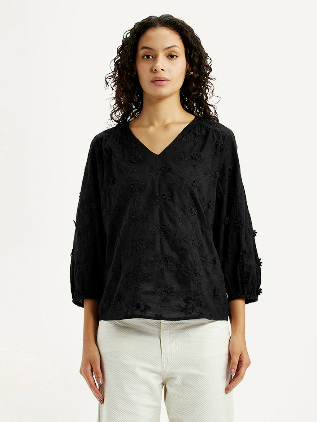Women's Embroidered Black V-Neck Top
