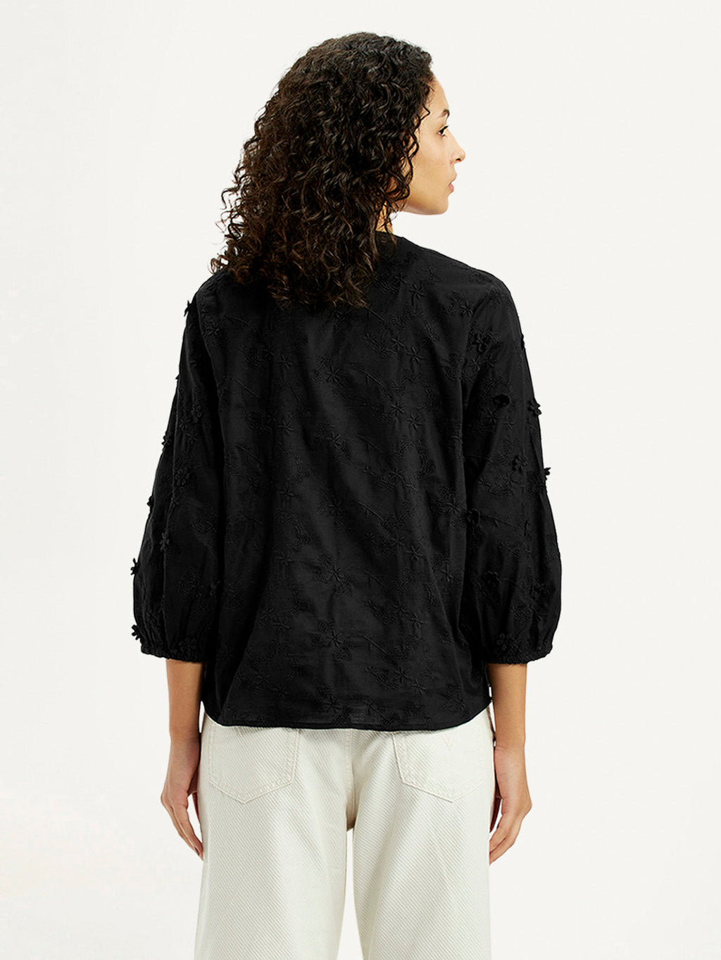 Women's Embroidered Black V-Neck Top