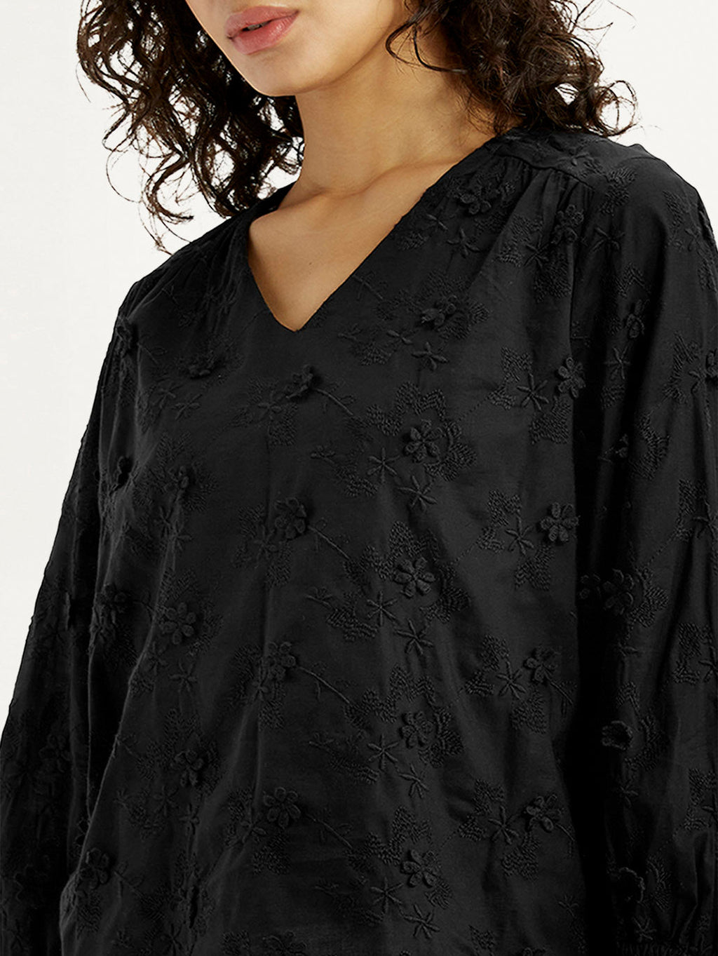 Women's Embroidered Black V-Neck Top