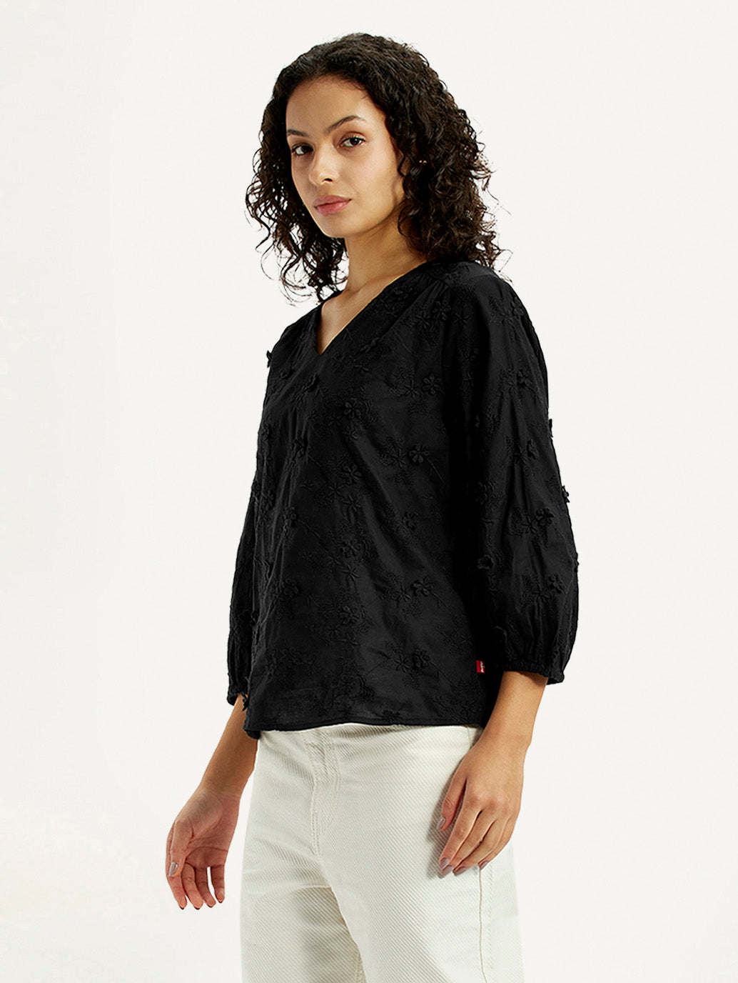 Women's Embroidered Black V-Neck Top